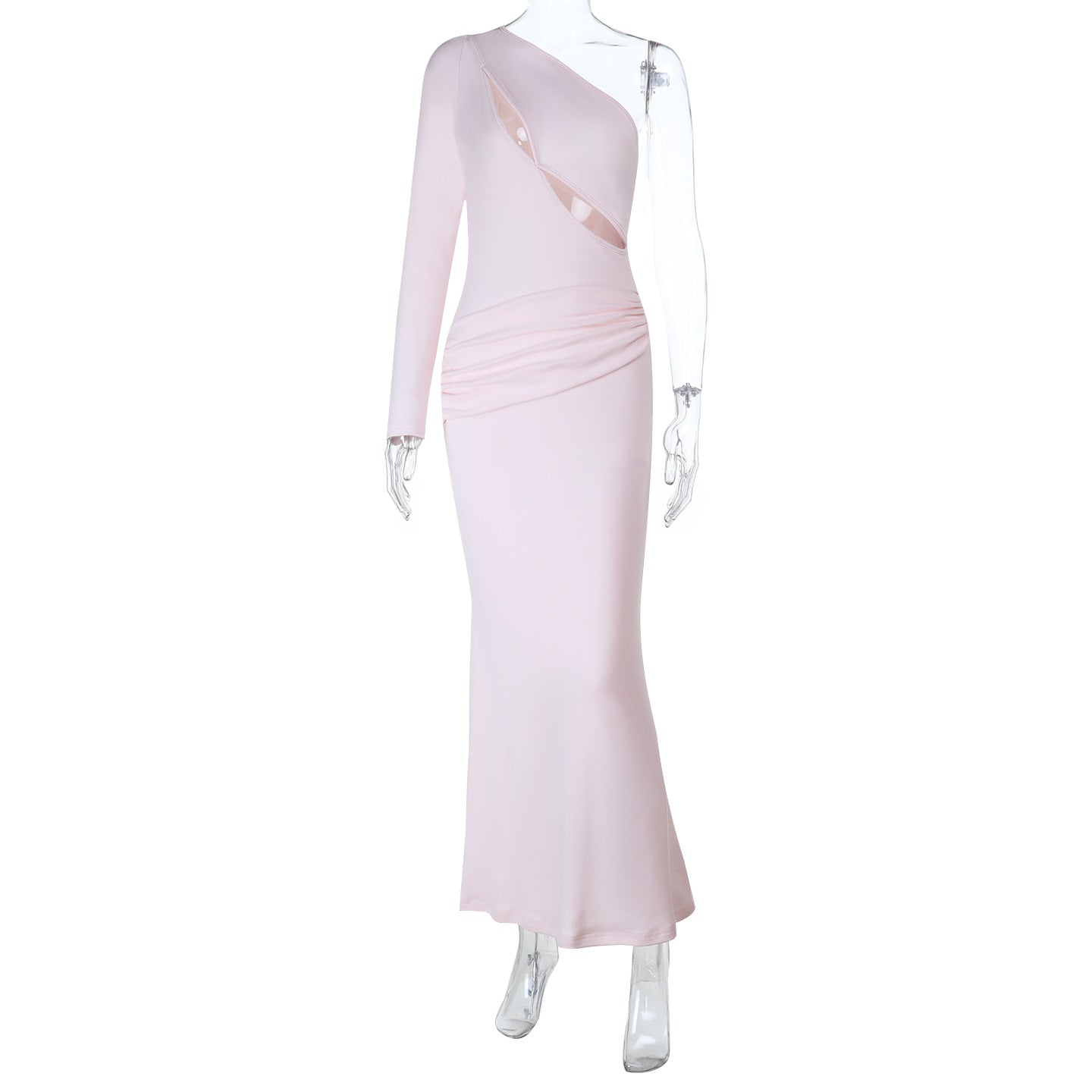Long sleeve one shoulder hollow out ruched cut out maxi dress  | Festival Outfits Women