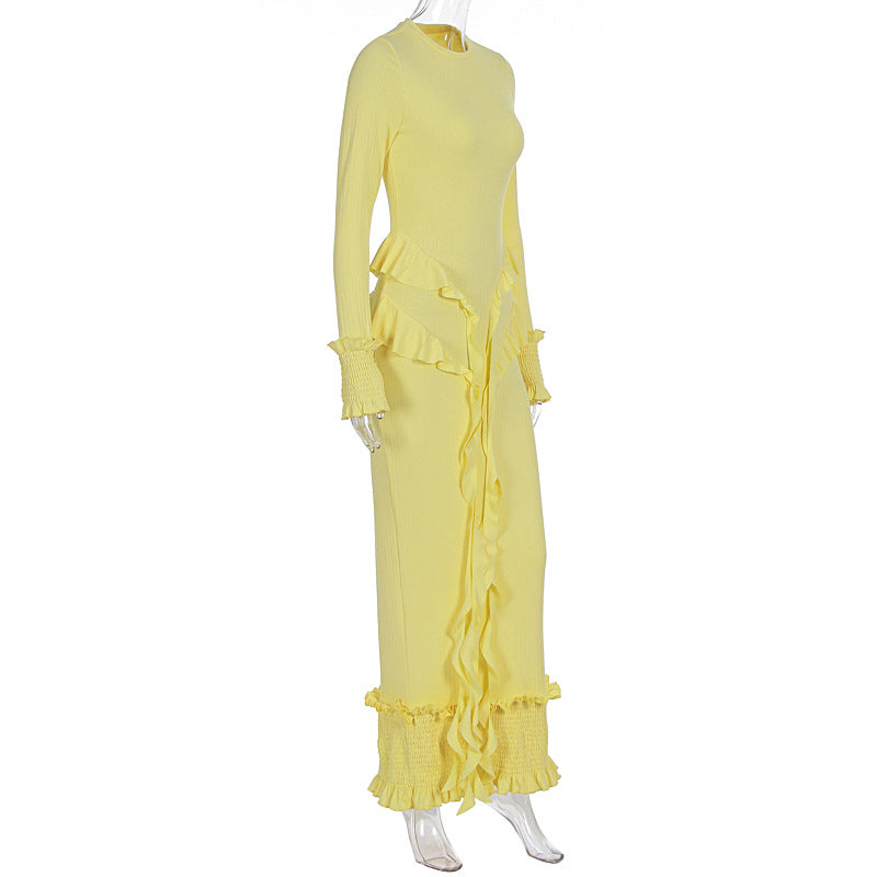 Long sleeve ruffle smocked crewneck maxi dress  | Festival Outfits Women