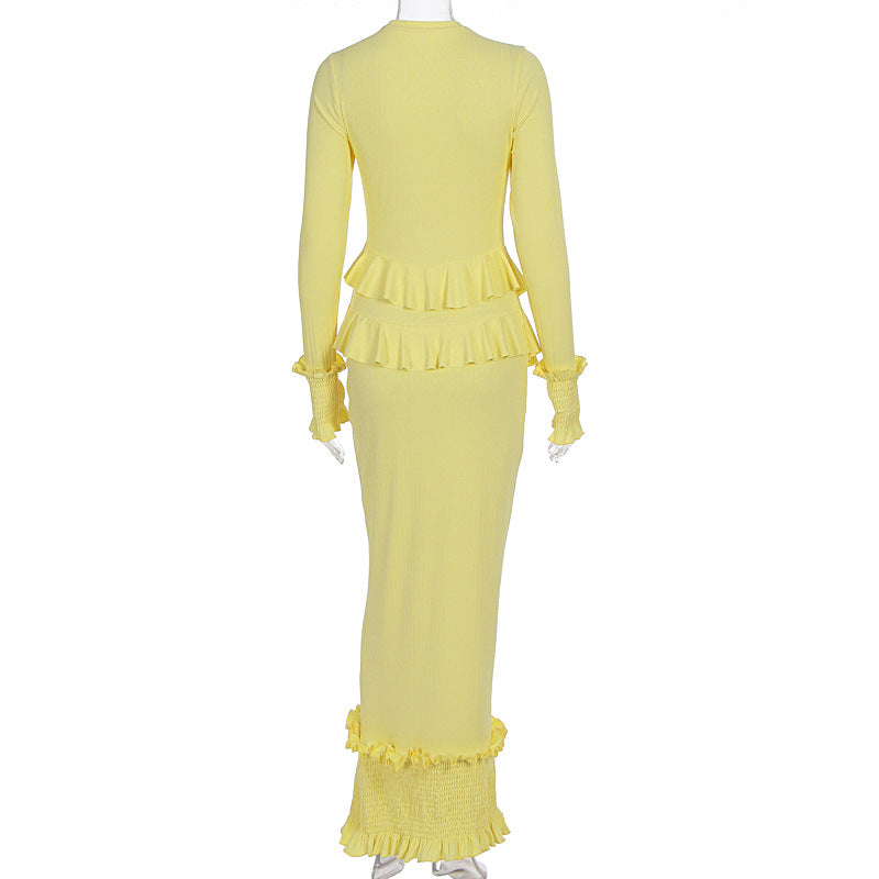 Long sleeve ruffle smocked crewneck maxi dress  | Festival Outfits Women