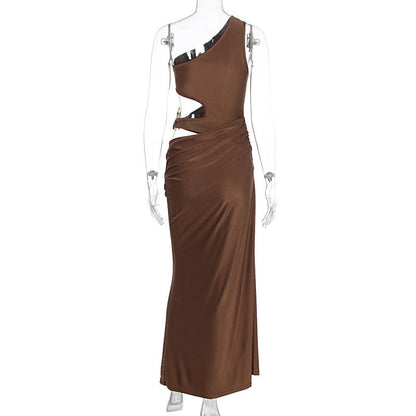 One shoulder hollow out ruched cut out maxi dress  | Festival Outfits Women