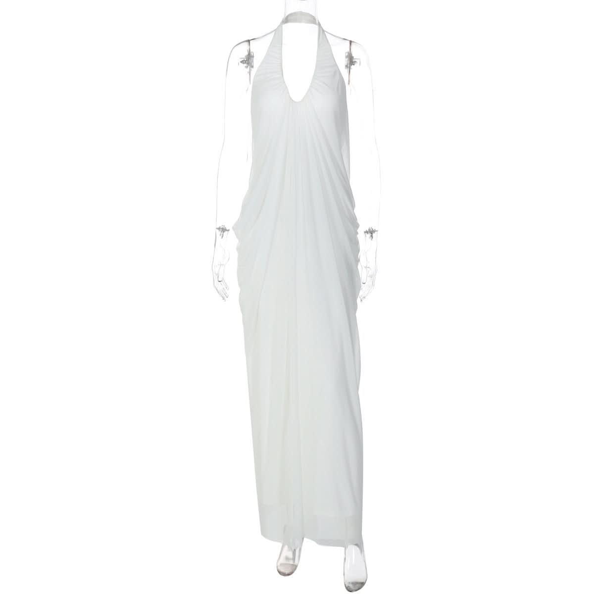 Halter v neck ruched backless mesh maxi dress  | Festival Outfits Women