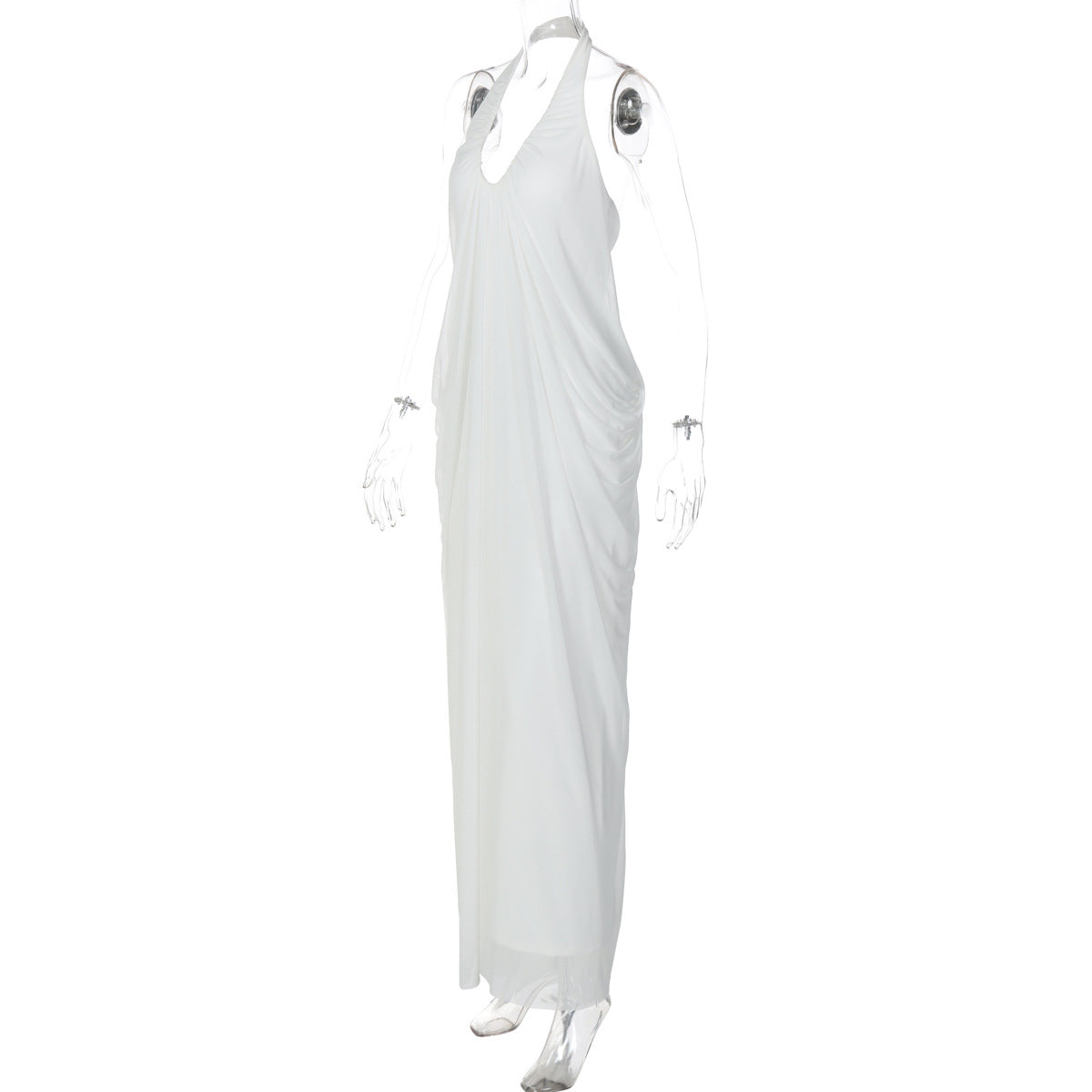 Halter v neck ruched backless mesh maxi dress  | Festival Outfits Women
