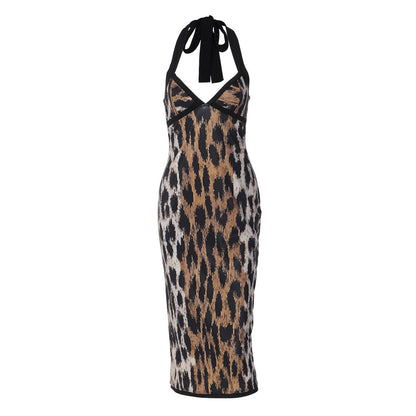Leopard print halter v neck backless slit maxi dress  | Festival Outfits Women
