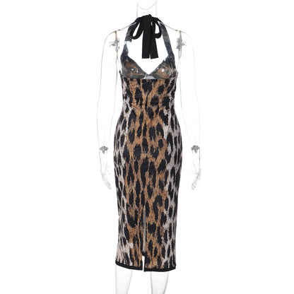 Leopard print halter v neck backless slit maxi dress  | Festival Outfits Women