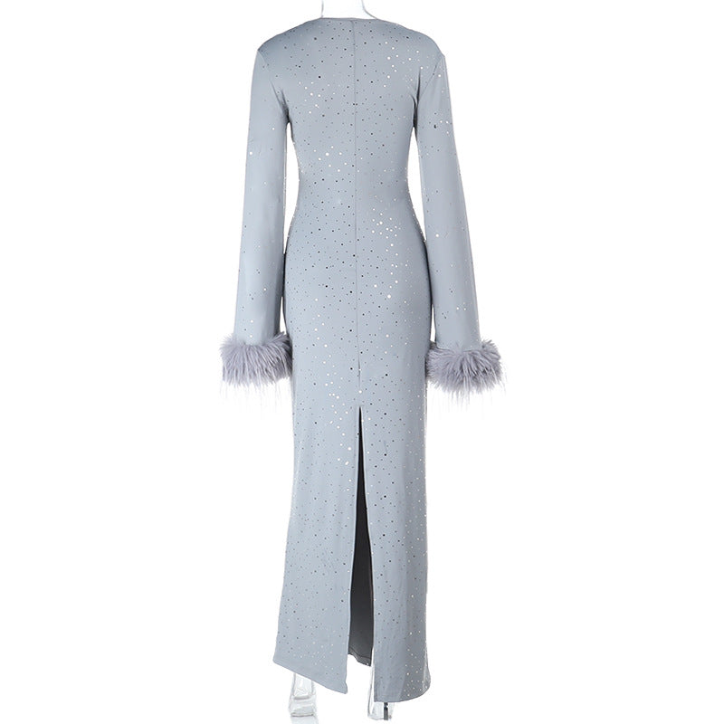 Hollow out slit long sleeve fluffy glitter cut out maxi dress  | Festival Outfits Women