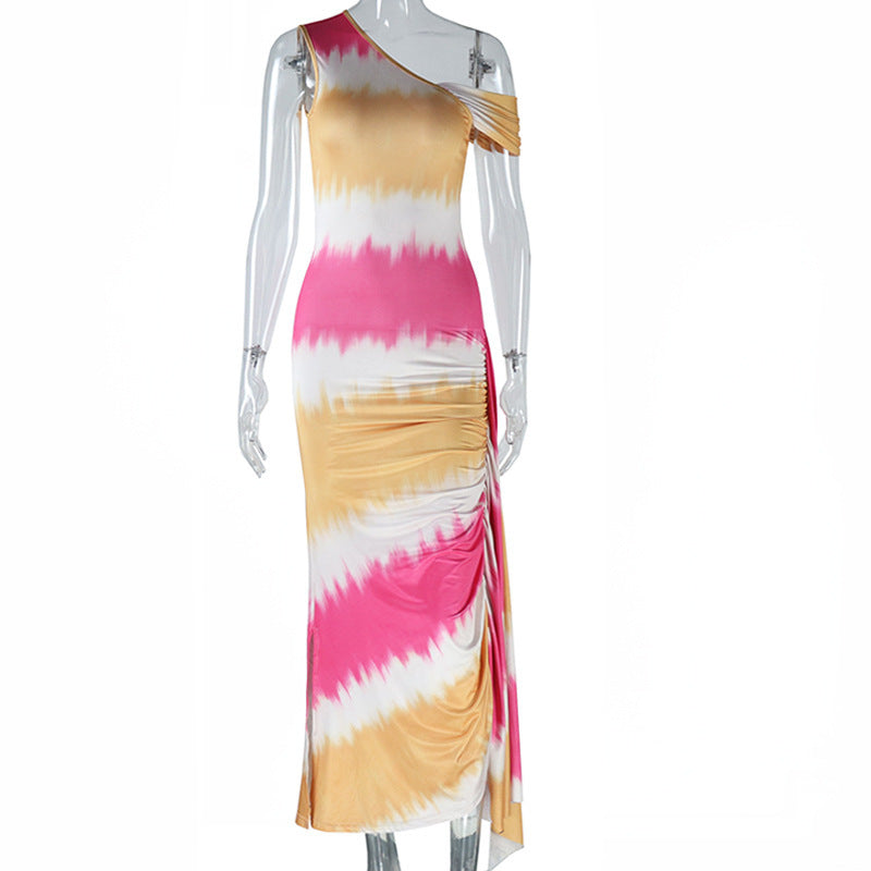 Ruched one shoulder print irregular maxi dress  | Festival Outfits Women