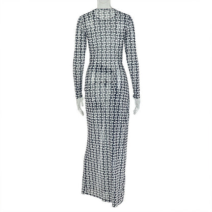 Long sleeve crewneck slit mesh maxi dress  | Festival Outfits Women