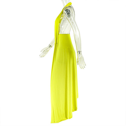Halter ruched irregular deep v neck maxi dress  | Festival Outfits Women
