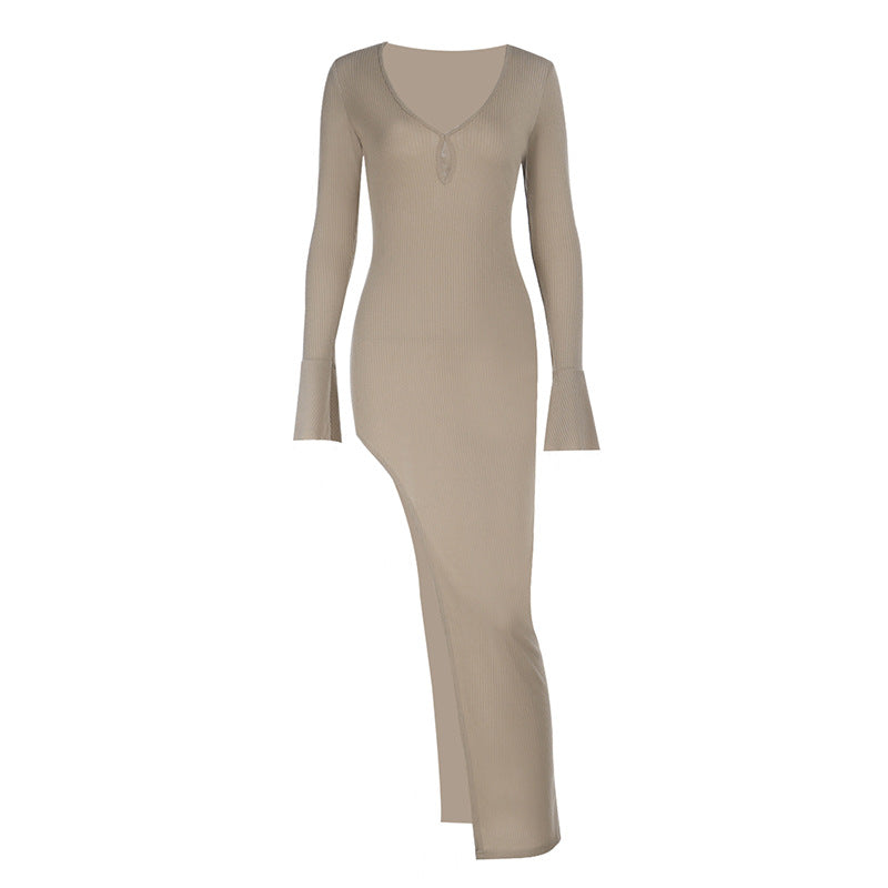V neck long sleeve slit irregular maxi dress  | Festival Outfits Women