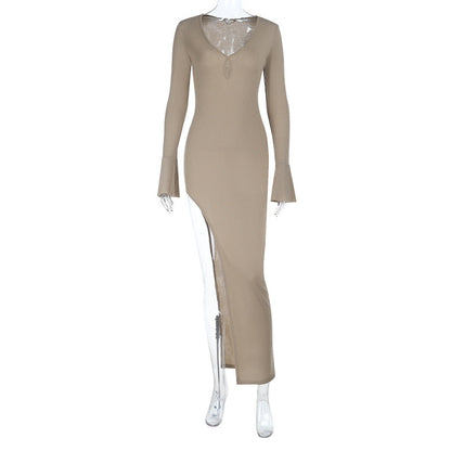 V neck long sleeve slit irregular maxi dress  | Festival Outfits Women