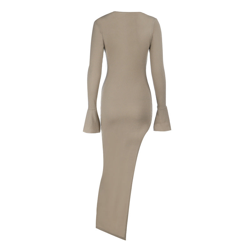 V neck long sleeve slit irregular maxi dress  | Festival Outfits Women