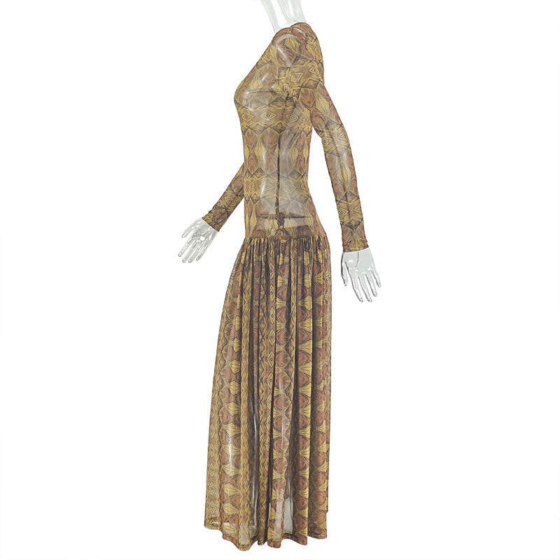 Mesh long sleeve crewneck print maxi dress  | Festival Outfits Women