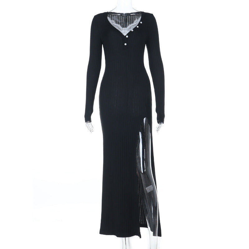 Long sleeve v neck lace hem slit maxi dress  | Festival Outfits Women