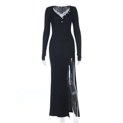 Long sleeve v neck lace hem slit maxi dress  | Festival Outfits Women