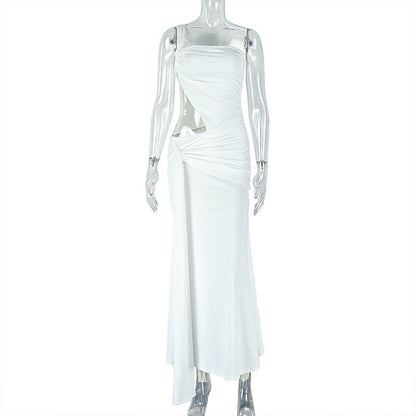 One shoulder irregular hollow out ruched cut out maxi dress  | Festival Outfits Women