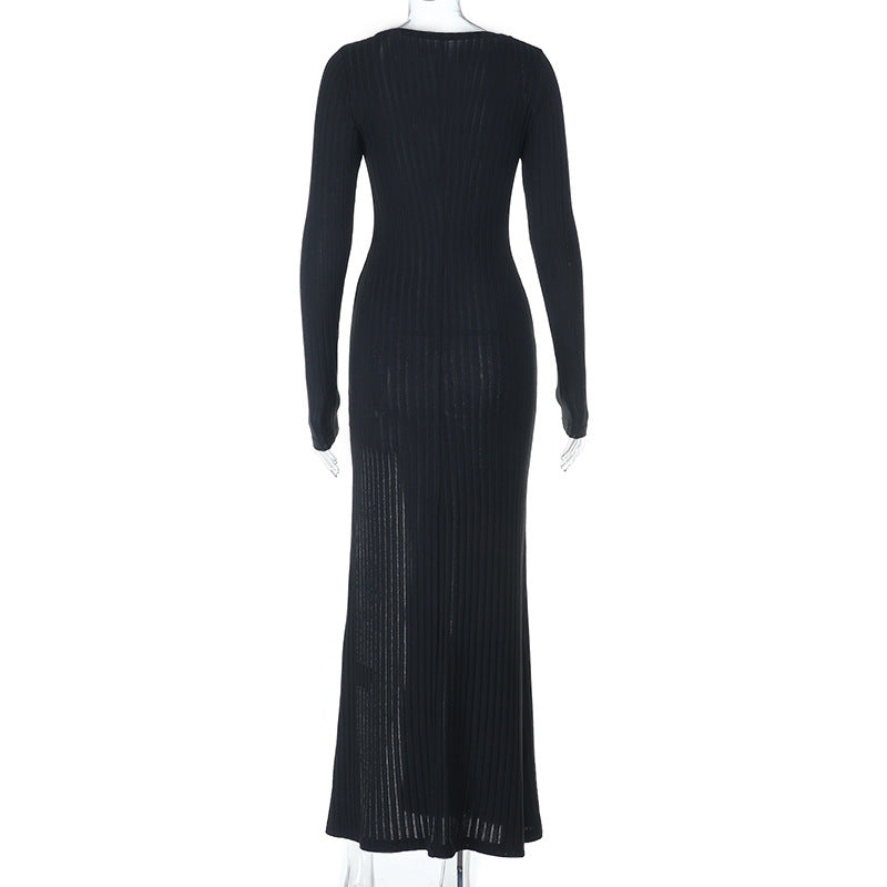 Long sleeve v neck lace hem slit maxi dress  | Festival Outfits Women