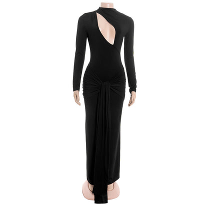 Long sleeve hollow out ruched zip-up cut out maxi dress  | Festival Outfits Women