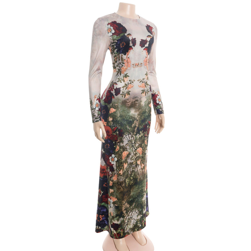 Flower print long sleeve crewneck maxi dress  | Festival Outfits Women
