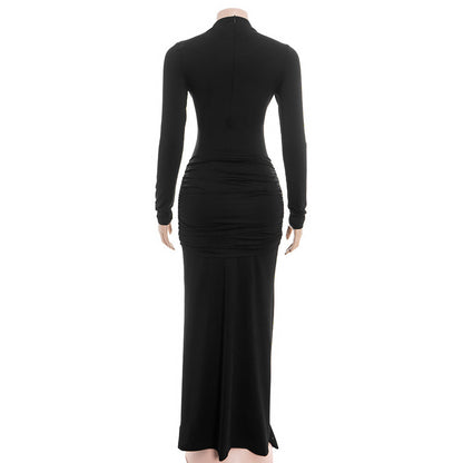 Long sleeve hollow out ruched zip-up cut out maxi dress  | Festival Outfits Women