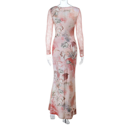 Long sleeve v neck lace hem flower print maxi dress  | Festival Outfits Women