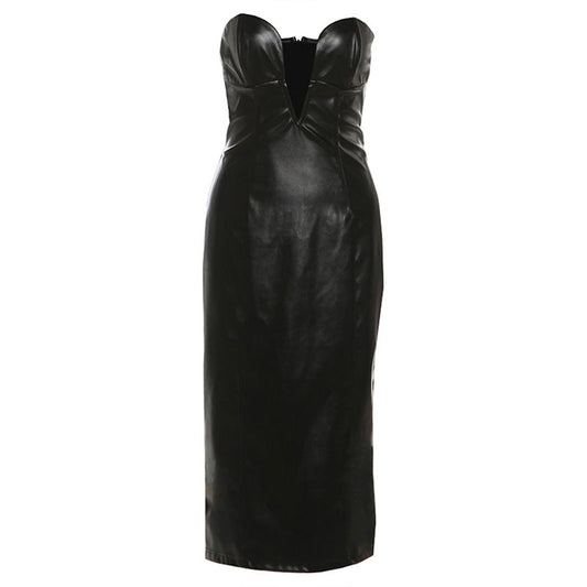 PU leather v neck low cut midi dress  | Festival Outfits Women
