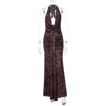 Halter self tie leopard print ruched backless maxi dress  | Festival Outfits Women