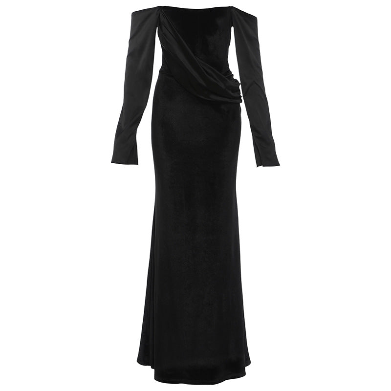 Off shoulder long sleeve velvet ruched maxi dress  | Festival Outfits Women