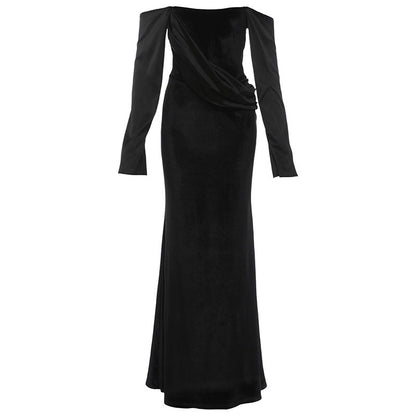 Off shoulder long sleeve velvet ruched maxi dress  | Festival Outfits Women