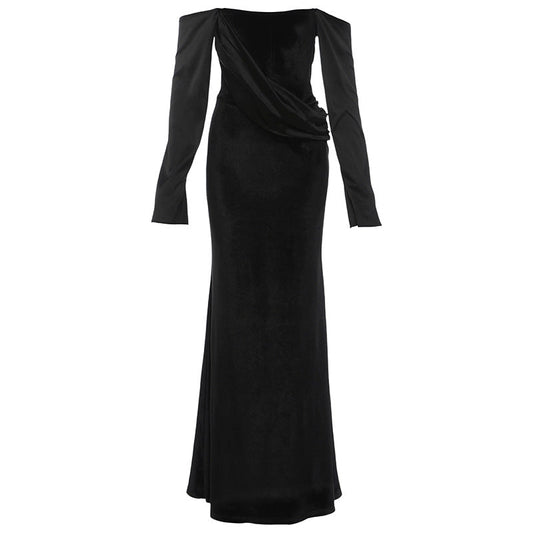 Off shoulder long sleeve velvet ruched maxi dress  | Festival Outfits Women