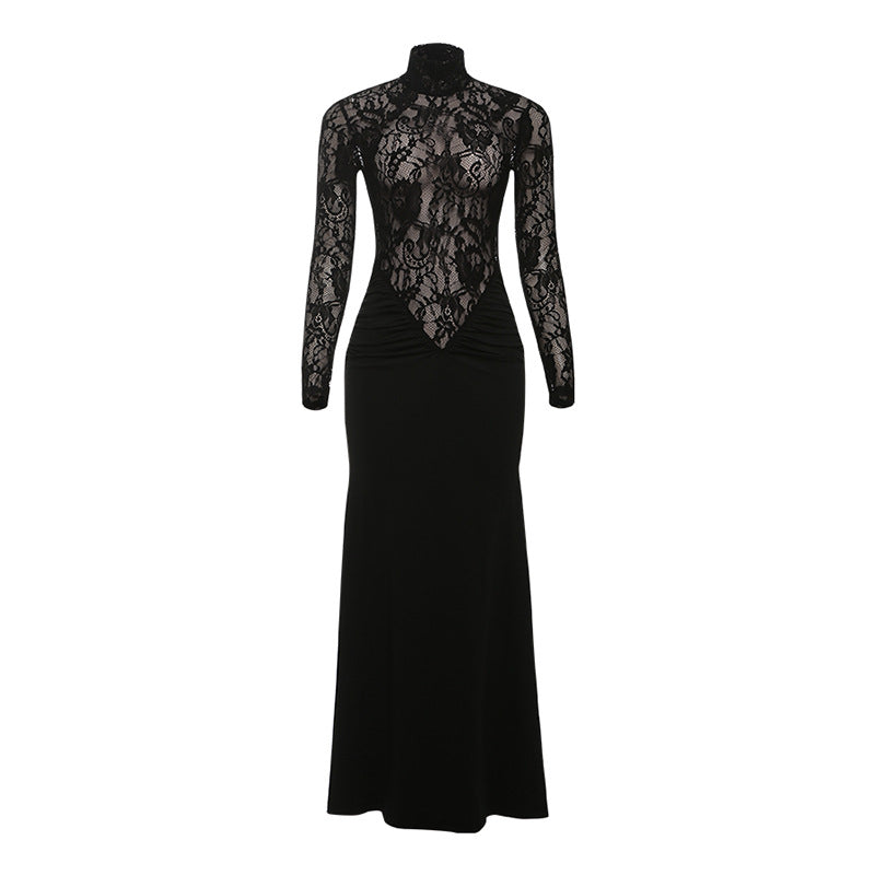 High neck long sleeve zip-up ruched maxi dress  | Festival Outfits Women