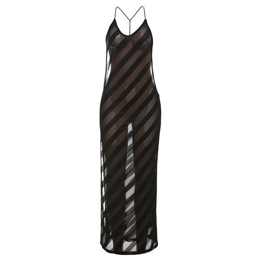 V neck mesh high slit see through backless maxi dress  | Festival Outfits Women