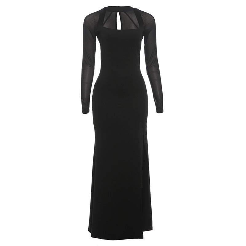 Long sleeve hollow out mesh high slit cut out maxi dress  | Festival Outfits Women