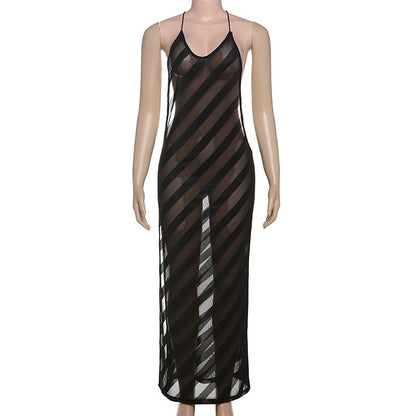 V neck mesh high slit see through backless maxi dress  | Festival Outfits Women
