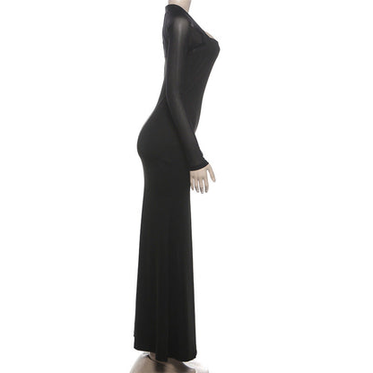 Long sleeve hollow out mesh high slit cut out maxi dress  | Festival Outfits Women