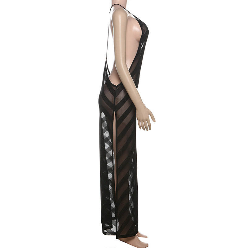 V neck mesh high slit see through backless maxi dress  | Festival Outfits Women