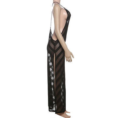 V neck mesh high slit see through backless maxi dress  | Festival Outfits Women