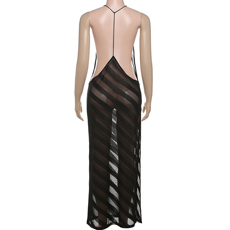 V neck mesh high slit see through backless maxi dress  | Festival Outfits Women