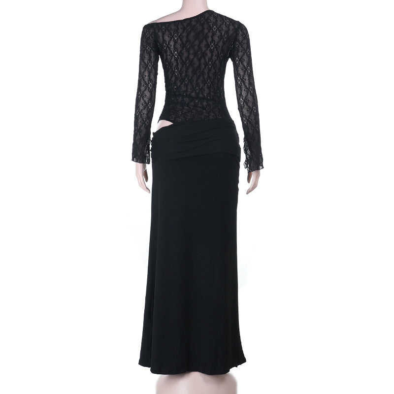 Ruched long sleeve lace hollow out cut out maxi dress  | Festival Outfits Women