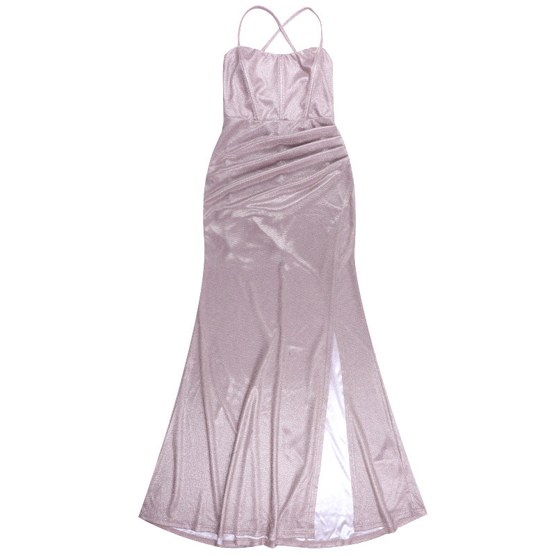 Cross back self tie ruched zip-up slit cami maxi dress  | Festival Outfits Women
