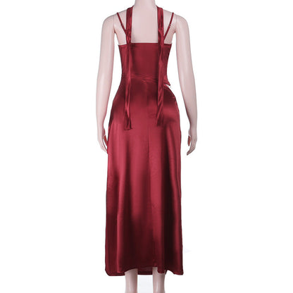 Hollow out ruched satin slit cami cut out maxi dress  | Festival Outfits Women