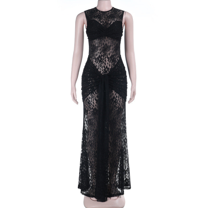 Crewneck sleeveless ruched lace maxi dress  | Festival Outfits Women