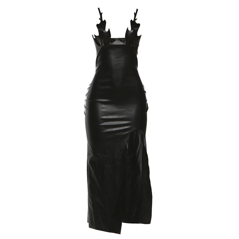 PU leather slit backless maxi dress  | Festival Outfits Women