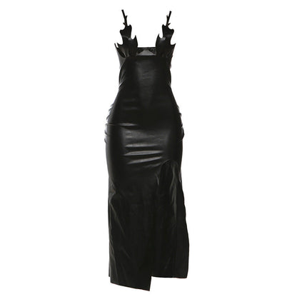 PU leather slit backless maxi dress  | Festival Outfits Women