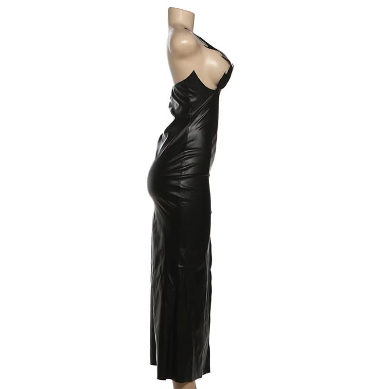 PU leather slit backless maxi dress  | Festival Outfits Women