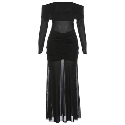 Off shoulder mesh patchwork long sleeve ruched maxi dress  | Festival Outfits Women