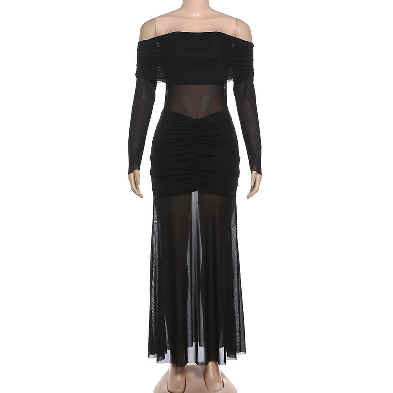 Off shoulder mesh patchwork long sleeve ruched maxi dress  | Festival Outfits Women