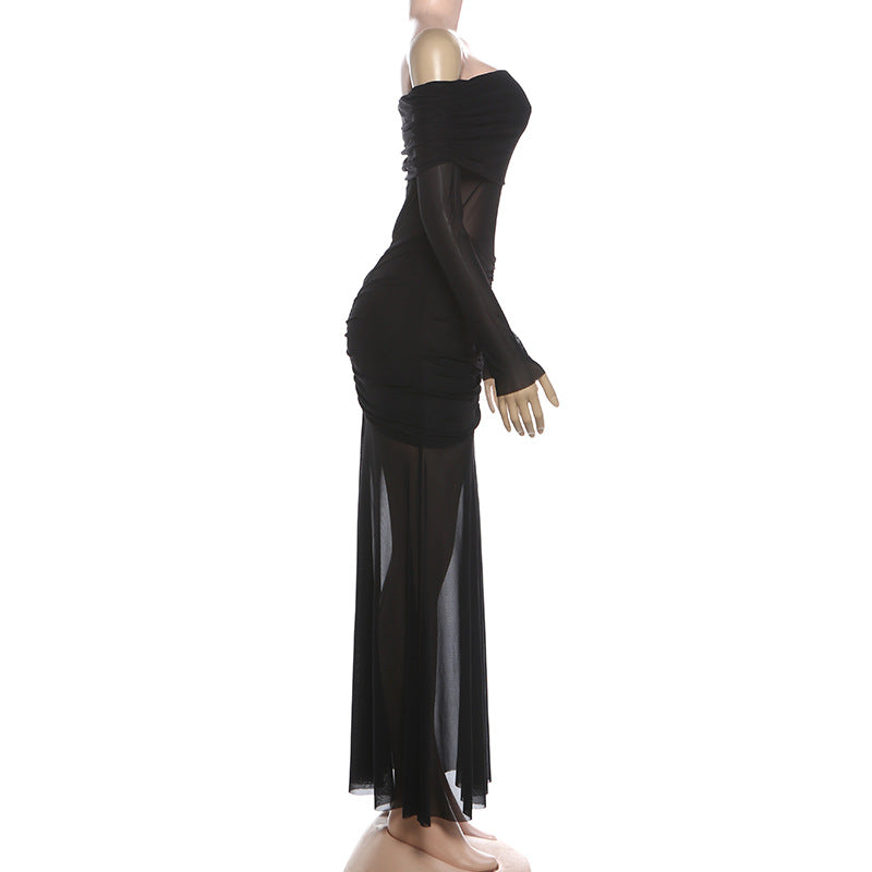 Off shoulder mesh patchwork long sleeve ruched maxi dress  | Festival Outfits Women