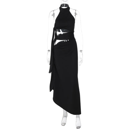 Halter hollow out irregular button slit cut out maxi dress  | Festival Outfits Women