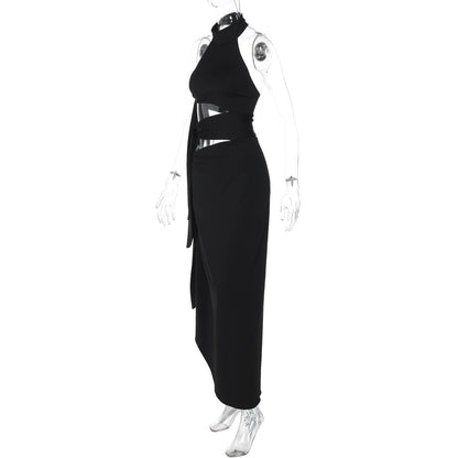 Halter hollow out irregular button slit cut out maxi dress  | Festival Outfits Women