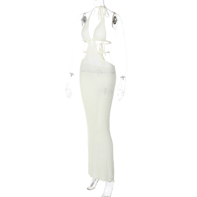Halter self tie hollow out v neck cut out maxi dress  | Festival Outfits Women